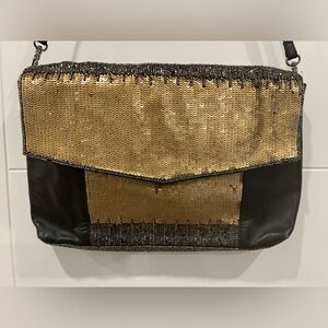 Zara - Black Leather and Gold Sequin Hand Bag